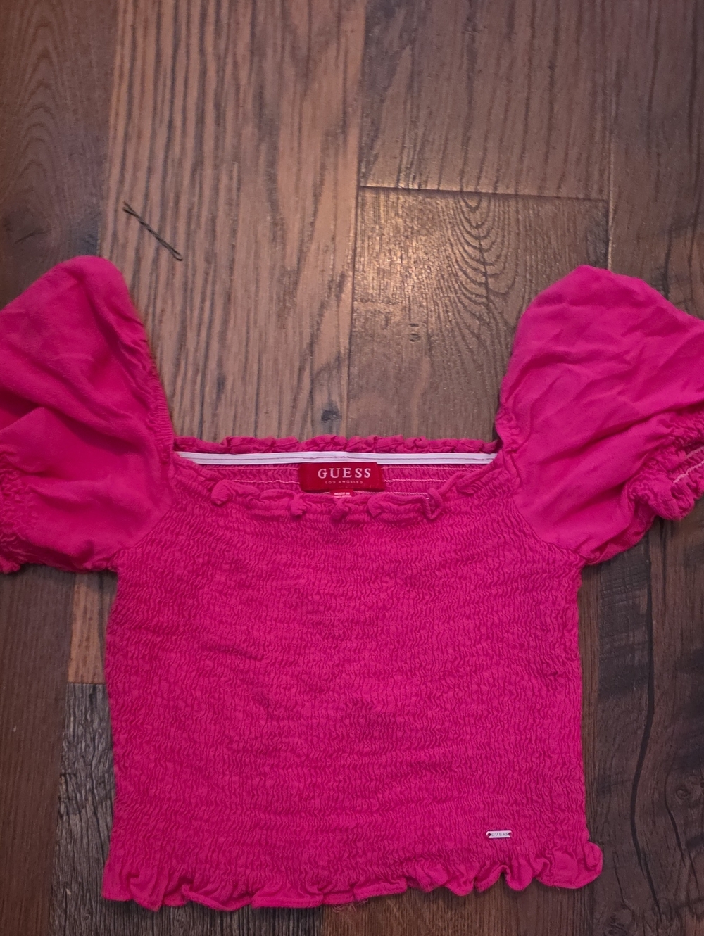 Guess Fuchsia Puff-Sleeve Smocked Crop Top